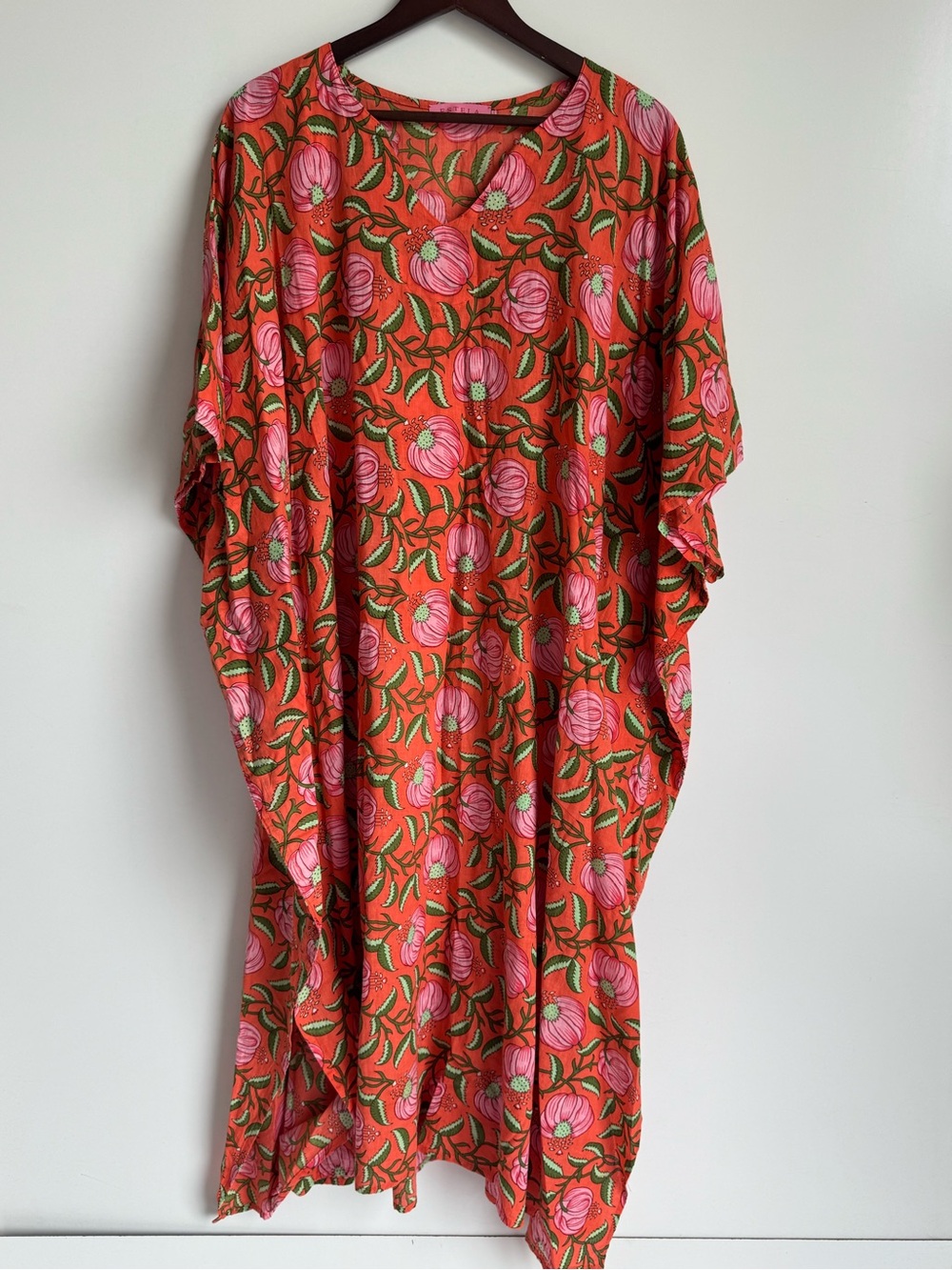 Estela Women’s Floral Kaftan Dress Orange Pink Oversized V-Neck Resort Cover Up